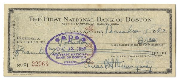 Ernest Hemingway Check Signed From 1950