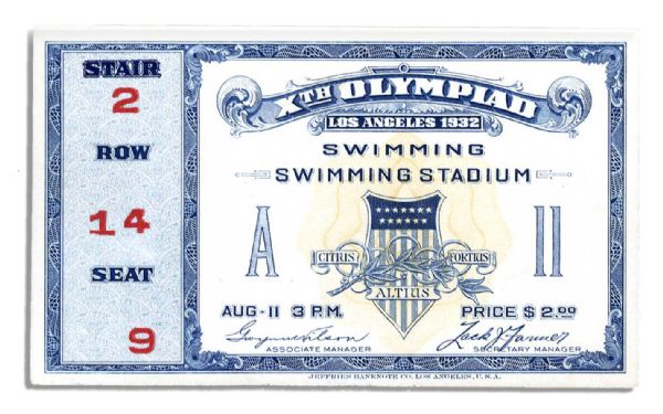 Ticket and Envelope for the 1932 Los Angeles Olympic Games -- Admission to Swimming Events in Which U.S. Swimmer Won Three Gold Medals
