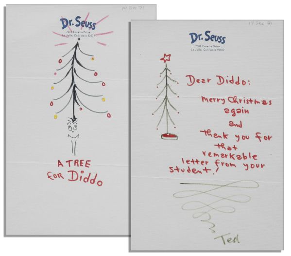 Rare Original Dr. Seuss ''Grinch'' Drawings Signed -- Festive Christmas Greetings