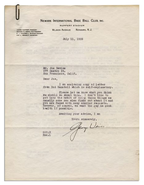 Baseball Hall of Famer George Weiss Typed Letter Signed to West Coast Scout Joe Devine