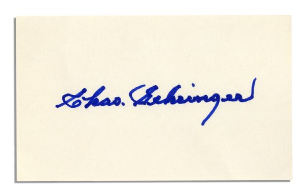 Lot of Four Cards Signed by Hall of Famer Charles Gehringer -- ''The Mechanical Man'' Signs ''Chas. Gehringer'' -- 5'' x 3'' Cards Signed in Blue Ink and Blue Marker -- Near Fine