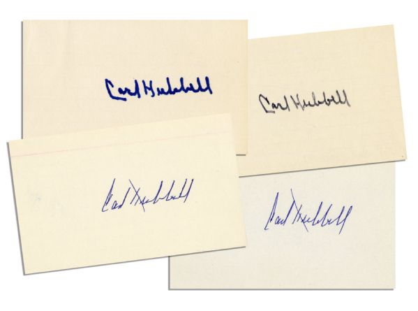 Lot of Four Cards Signed by Baseball Hall of Famer Carl Hubbell -- Cards Each Measure 5'' x 3'' -- Signed in Blue Ink, Black Marker & Blue Marker -- Fine