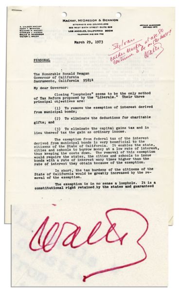 Walter O'Malley Autograph Note Signed Upon a Letter to Ronald Reagan -- ''...Calder Mackay at age 80 continues to be on the ball!''
