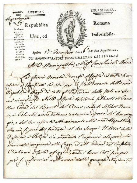 Roman Republic 1798 Document -- Shortly After Napoleon's General Invaded Rome & Established the Roman Republic -- ''...The Republic was founded with their blood...''