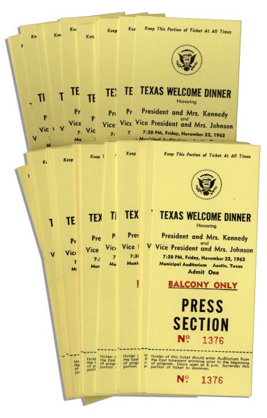 Lot of 58 Tickets to the John F. Kennedy Texas Welcome Dinner -- Tragically Cancelled Due to Assassination -- Fine