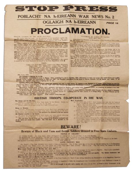 1922 Irish Civil War Broadside Issued by the IRA -- ''Beware of Black and Tans'' -- With a Statement by Eamon de Valera