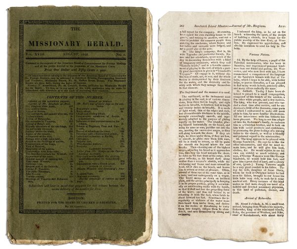 One of the First Articles Describing Surfing -- Scarce 1822 Edition of ''The Missionary Herald'' Magazine -- ''...he rides on the fore front of the surge...''