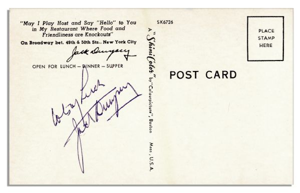 Pristine Postcard Signed by World Heavyweight Champion Jack Dempsey