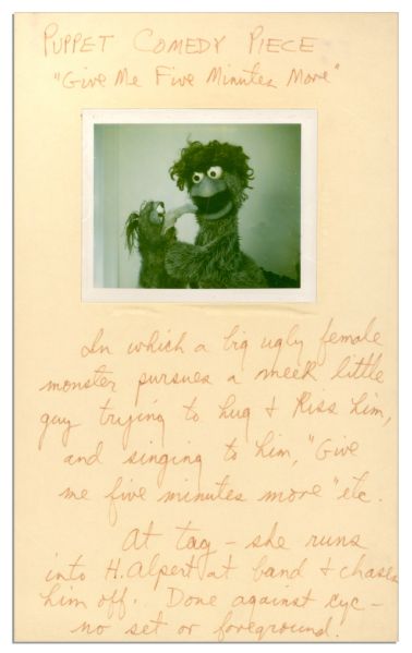 Jim Henson Handwritten Notes of a ''Muppet'' Segment From a Very Early TV Special -- ''PUPPET COMEDY PIECE'' -- With Original Polaroid of Gonzo & Beautiful Day Monster