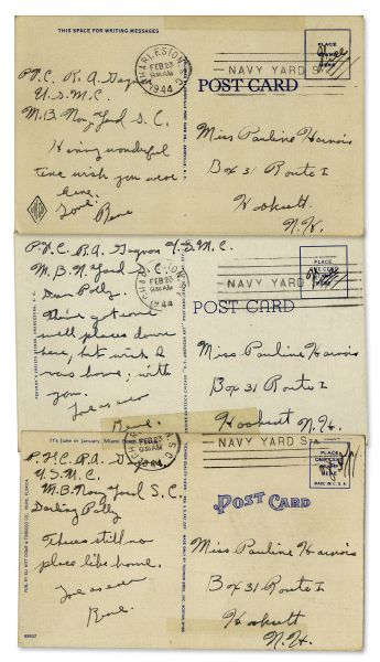 Trio of Postcards Handwritten & Signed by Iwo Jima Hero Rene Gagnon in 1944 -- ''There's still no place like home...''