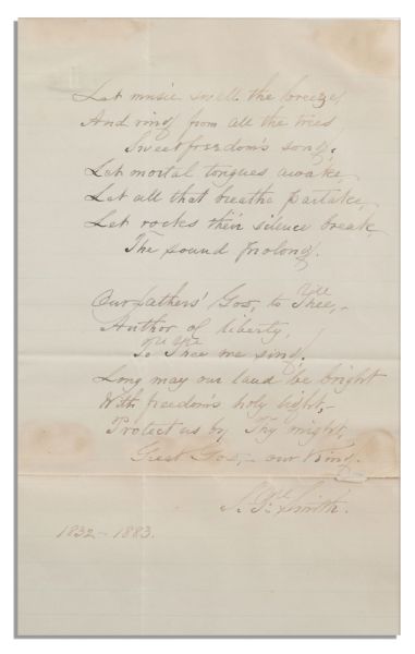Samuel Francis Smith Handwritten & Signed Copy of ''America'' -- His Magnum Opus, Also Titled ''My Country, 'Tis of Thee''
