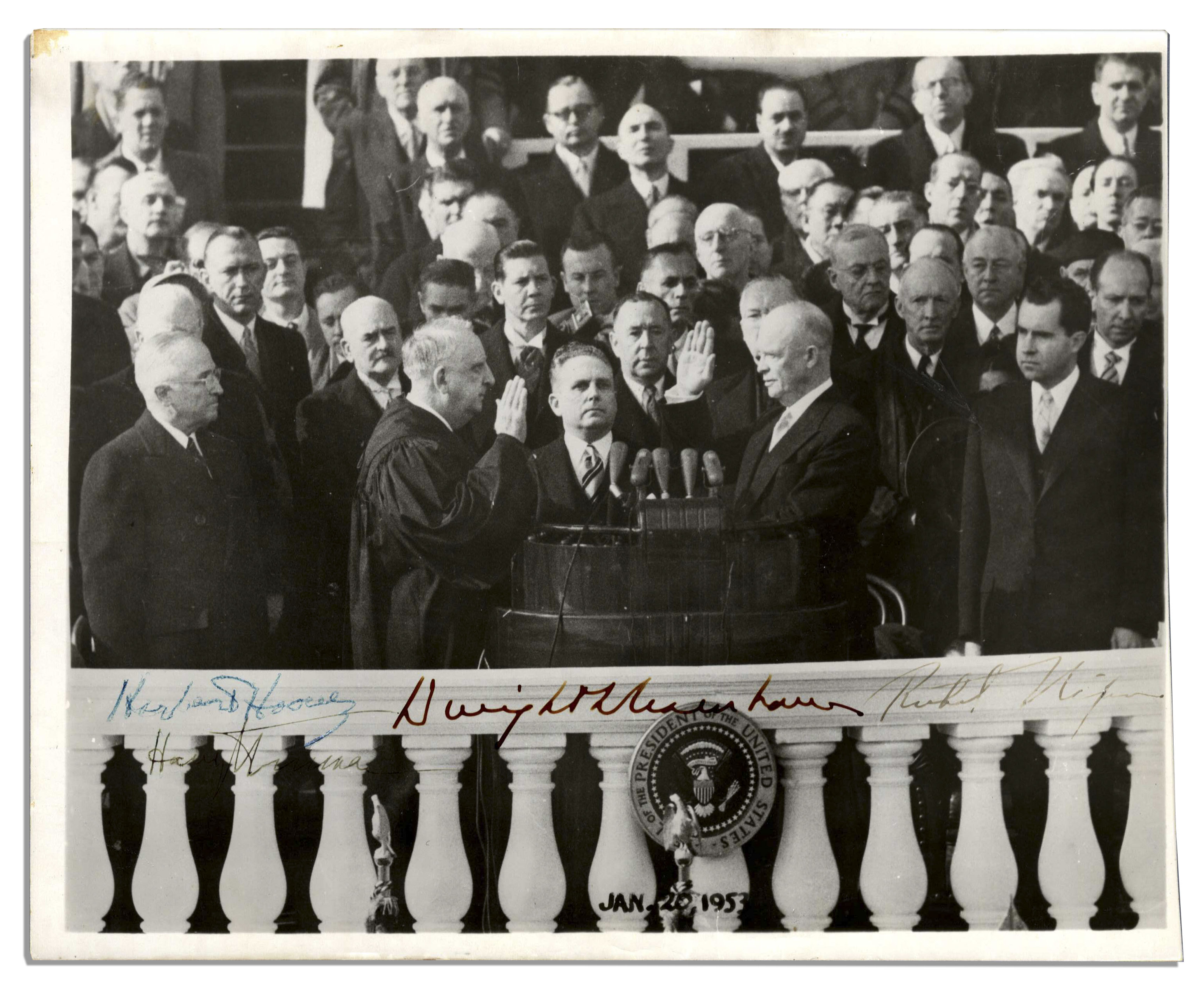 Harry Truman Memorabilia Multi-Presidential Signed Photo: Eisenhower, Truman, Hoover & Nixon Sign a Photo of Eisenhower's Inauguration -- Framed in Wood From Inauguration Stand -- With PSA/DNA COA for All Signatures