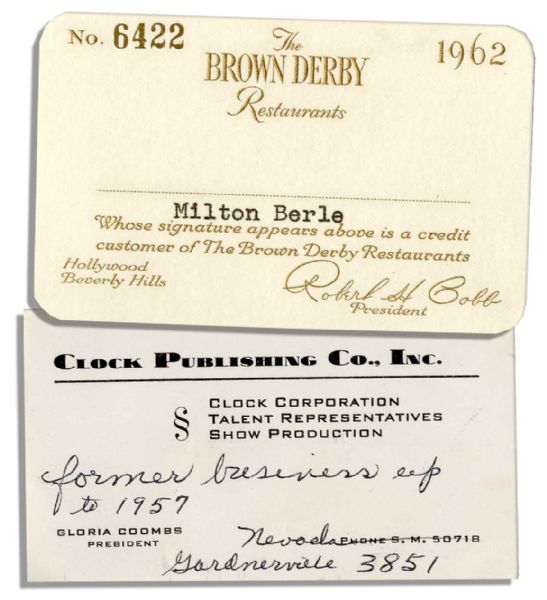 Milton Berle's Card for The Brown Derby Restaurant in Los Angeles