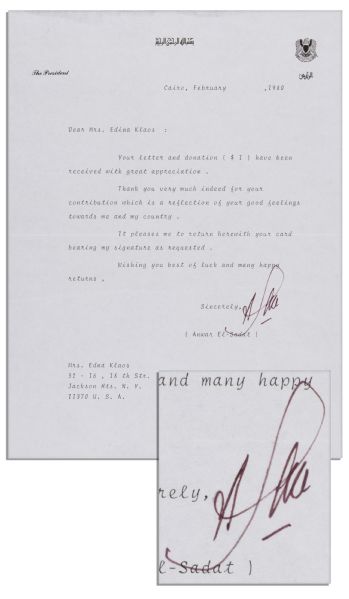 Egyptian President Anwar El Sadat Typed Letter Signed