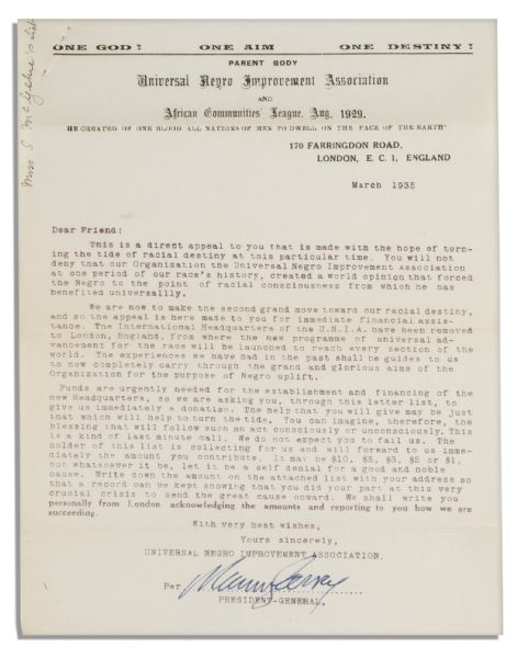 Marcus Garvey Typed Letter Signed Regarding the Universal Negro Improvement Association and African Communities' League -- ''...We do not expect you to fail us...''