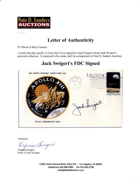 Jack Swigert's Personally Owned & Signed Apollo 13 First Day Cover -- Near Fine