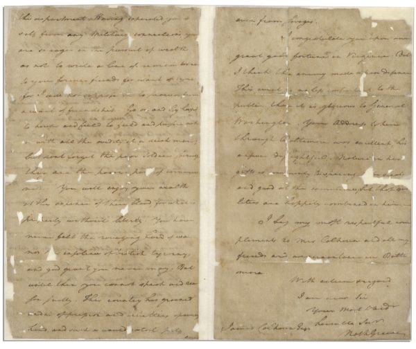 Nathanael Greene 1781 Autograph Letter Signed to James Calhoun, the First Mayor of Baltimore -- With Excellent Content: ''...enjoy your wealth at the expense of [soldiers'] blood...''