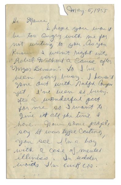 Sal Mineo Autograph Letter Signed -- Excellent ''Rebel Without a Cause'' Content -- ''It's a wonderful part for me so I want to give it all the time I have...''