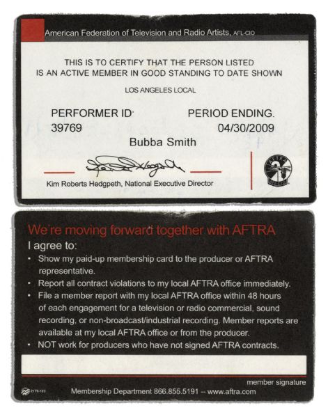 Two AFTRA Union Cards Belonging to Football Legend & Actor Charles ''Bubba'' Smith