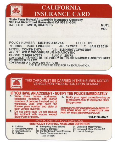 Lot of 3 Insurance Cards Belonging to Charles ''Bubba'' Smith