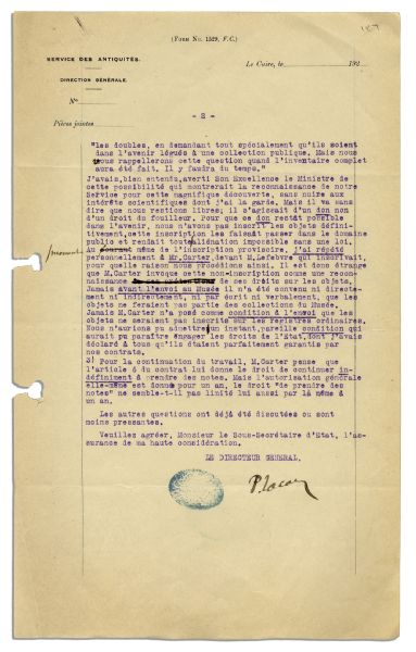 Important Letter Signed by Pierre Lacau Regarding King Tut's Tomb & the Fight With Howard Carter to Objects in the Tomb -- ''...Mr. Carter thinks that article 6 of the contract entitles him...''