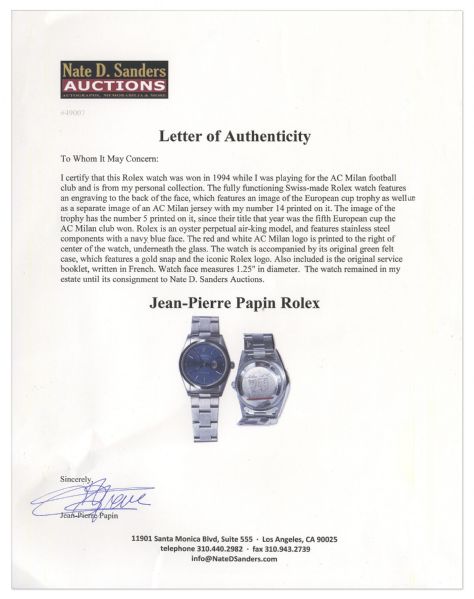 Jean-Pierre Papin's Engraved European Cup Rolex Watch Obtained Directly from Him