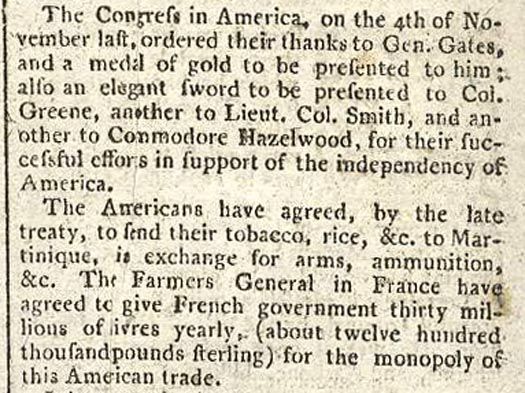 1778 London Chronicle Regarding the Battle of Saratoga & the American Revolution