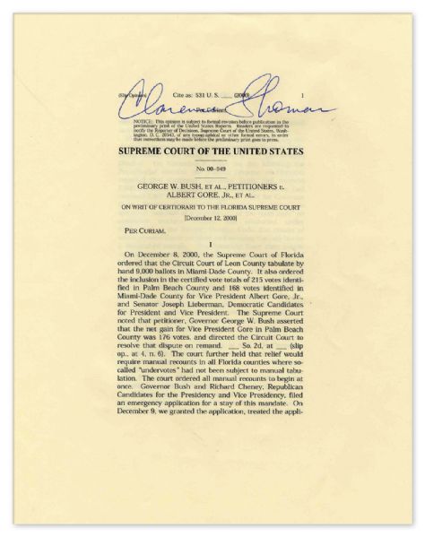 Clarence Thomas Signed Decision in the Supreme Court Case of Bush v. Gore -- Signed in Bold Blue Ink -- 13pp., 8'' x 10'' -- Near Fine