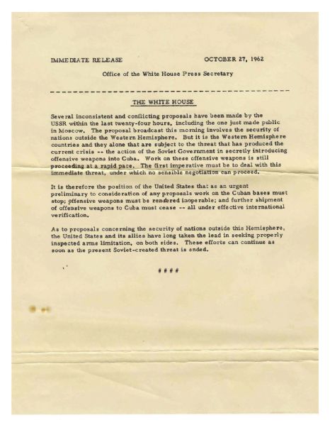 JFK Press Release on the Cuban Missile Crisis -- ''...the Soviet Government in secretly introducing offensive weapons into Cuba...''