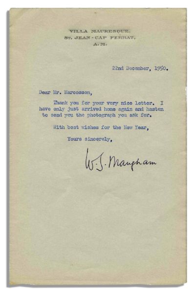 W. Somerset Maugham 1950 Typed Letter Signed