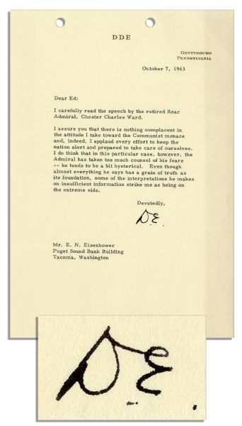 Dwight D. Eisenhower Typed Letter Signed ''...I assure you that there is nothing complacent in the attitude I take toward the Communist menace...''