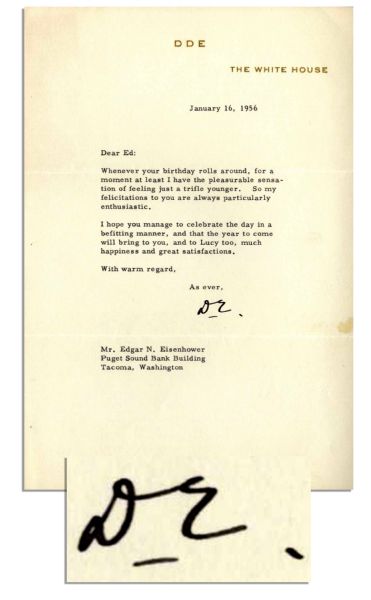 Playful Dwight Eisenhower Typed Letter Signed as President -- ''...Whenever your birthday rolls around...I have the pleasurable sensation of feeling just a trifle younger...'' -- 1956