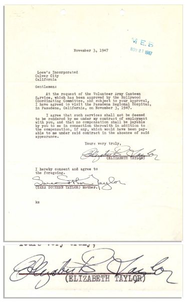 Elizabeth Taylor Contract Signed as a Minor in 1947