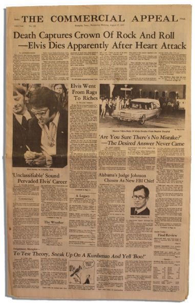 Elvis Presley Death Newspaper From Hometown Memphis -- Special Edition Following His 16 August 1977 Death -- ''...Death Captures Crown of Rock and Roll...''