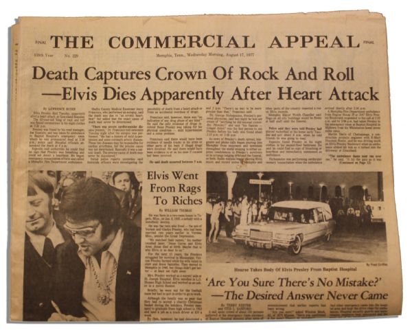 Elvis Presley Death Newspaper From Hometown Memphis -- Special Edition Following His 16 August 1977 Death -- ''...Death Captures Crown of Rock and Roll...''