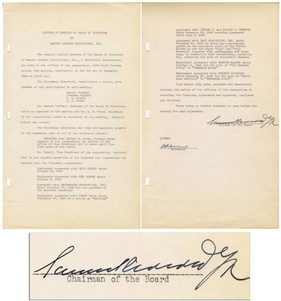 Samuel Goldwyn 1948 Minutes Signed for His Production Company