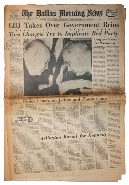 ''The Dallas Morning News'' 24 November 1963 -- ''LBJ Takes Over Government Reins'' Two Days After JFK Assassination