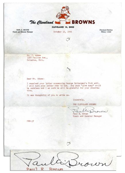 Paul Brown Typed Letter Signed on Cleveland Browns Letterhead -- ''...I received your letter concerning George Ratterman's foot work...Any such 'give away' would be careless...''