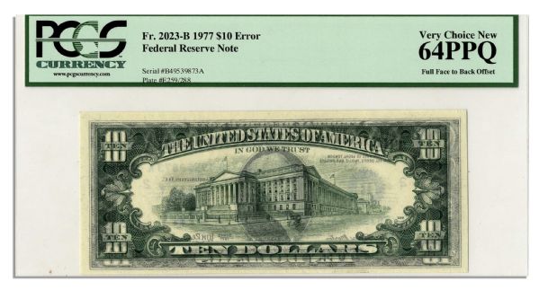$10 Federal Reserve Error Note -- Series 1977, New York -- Graded PCGS 64PPQ -- Full Face to Back Offset