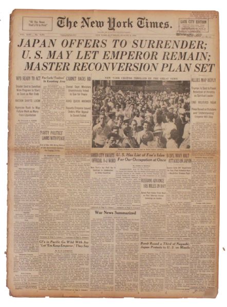 WWII ''New York Times'' -- 11 August 1945 -- ''Japan Offers To Surrender''