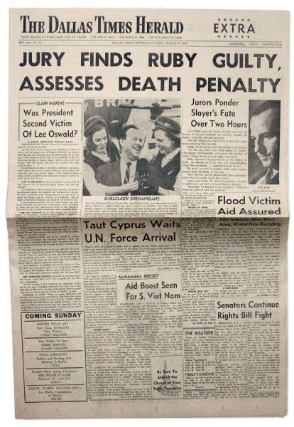 Jack Ruby Is Found Guilty in ''The Dallas Times Herald'' 14 March 1964 Newspaper -- Headlines Include: ''Jurors Ponder Slayer's Fate Over Two hours''