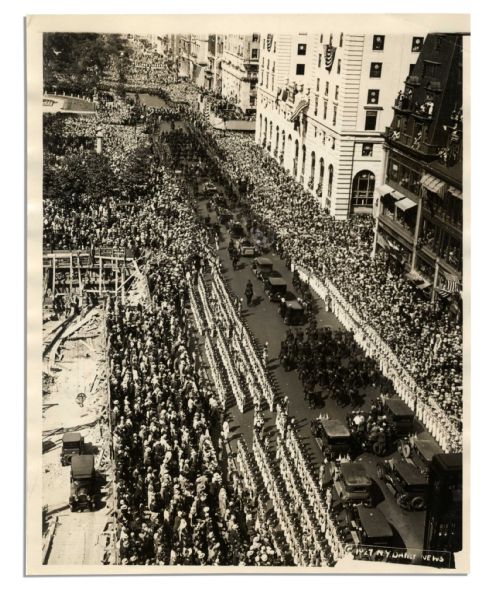 Charles Lindbergh 8'' x 10'' Semi-Matte Press Photo of His NYC Ticker Tape Parade Motorcade -- 13 June 1927 -- Very Good -- From the ''N.Y. Daily News''