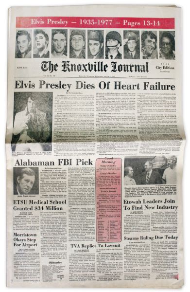 Elvis Presley Death Newspaper From Knoxville, Tennessee -- ''...Elvis Presley Dies of Heart Failure...''