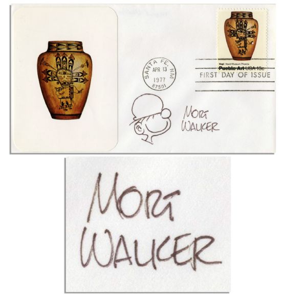 Mort Walker Signature & Hand-Drawn ''Beetle Bailey'' Sketch on 6.5'' x 3.5'' First Day Cover -- Postmarked Santa Fe, 1977 -- Fine