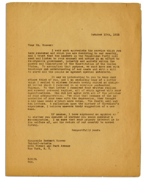 Herbert Hoover Typed Letter Signed From 1935 -- ''...My interest...is only to help crystallize the issues with which the country is faced...''