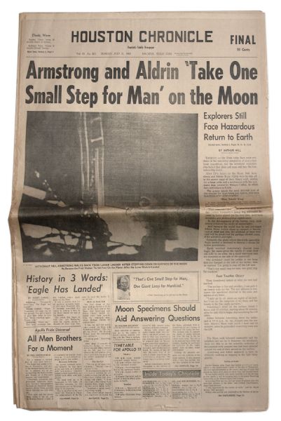 21 July 1969 Edition of the ''Houston Chronicle'' Regarding the Moon Landing -- ''Armstrong and Aldrin 'Take One Small Step for Man' on the Moon'' -- Very Good