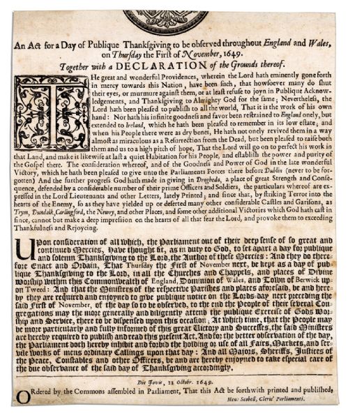 English Civil War 1649 Broadside Issued by Oliver Cromwell's Parliament  Announcing a Day of Thanksgiving