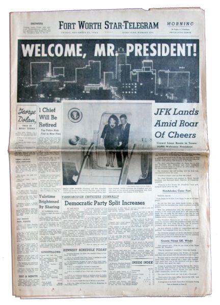 ''Fort Worth Star-Telegram'' 22 November 1963 Morning Edition Newspaper -- Welcoming President Kennedy to Texas Before His Fateful Assassination -- ''JFK Lands Amid Roar of Cheers''