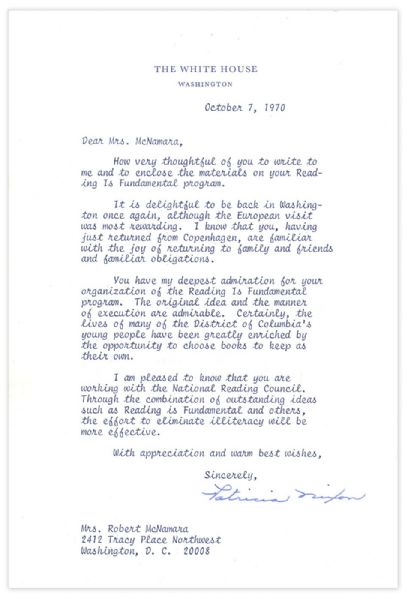 First Lady Pat Nixon 1970 Typed Letter Signed to Wife of Robert McNamara -- ''...It is delightful to be back in Washington once again...''
