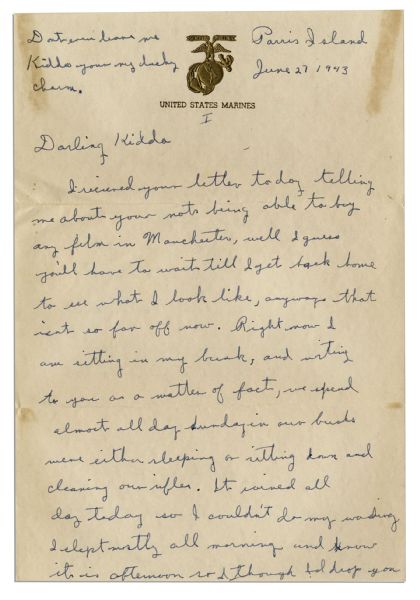 Iwo Jima ''Flag Raiser'' Rene Gagnon Autograph Letter Signed -- ''...Sunday in our breaks we're either sleeping or sitting down and cleaning our rifles...''